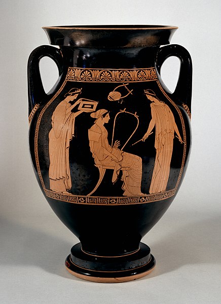 A Grecian vase, with a decoration depicting women playing instruments